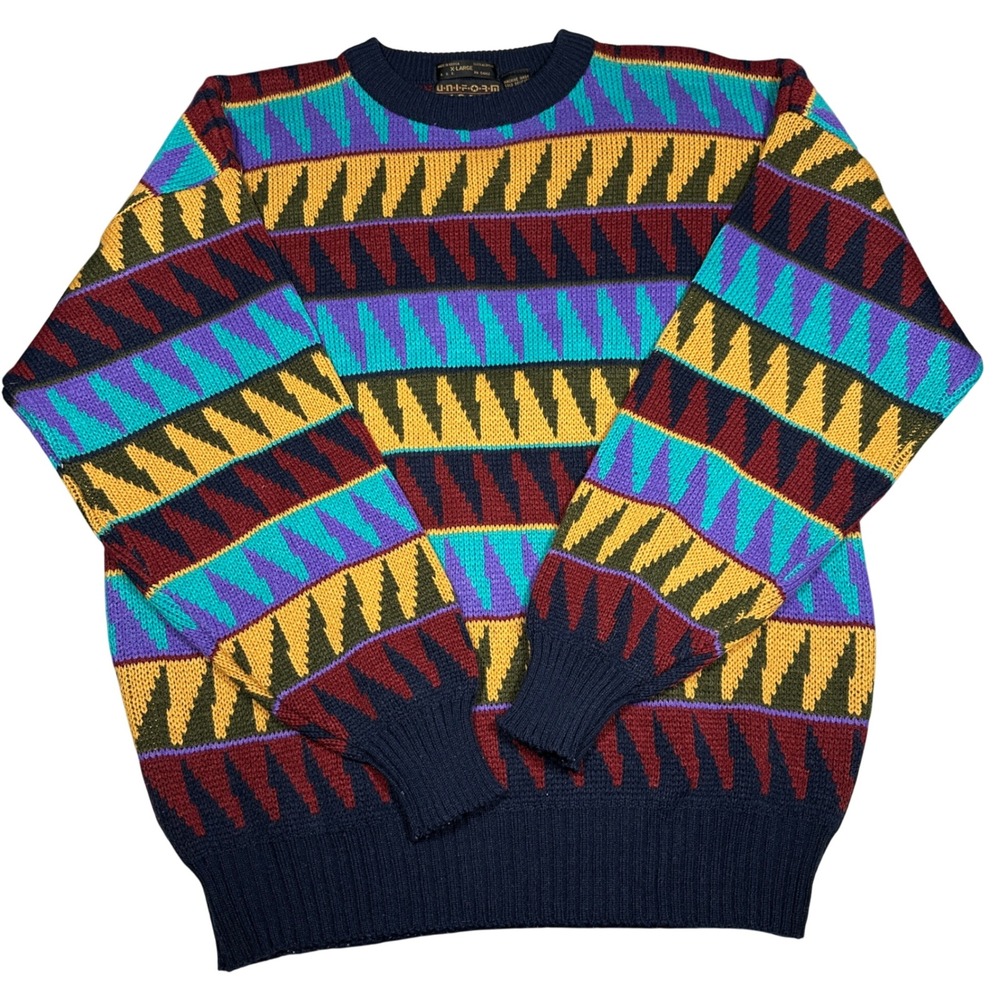 Vintage Geometric Sawtooth Knit Sweater Uniform Code XL Multi Color 90s Crewneck